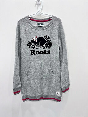 Roots Kids Beaver Sweatshirt Dress Grey XL 11-12 Kangaroo Pocket